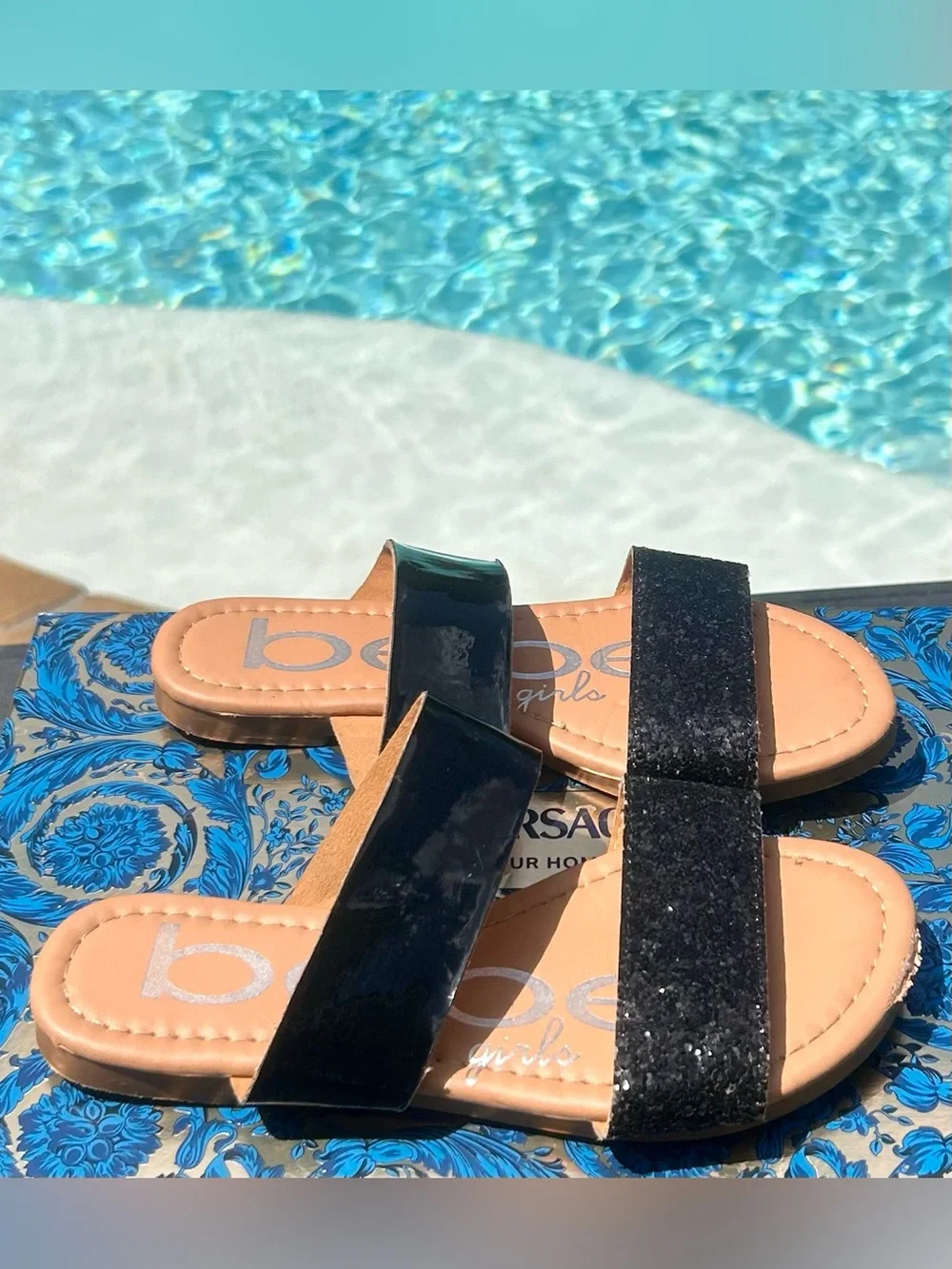 Bebe Girls two-strap flat sandals for girls. Size 12